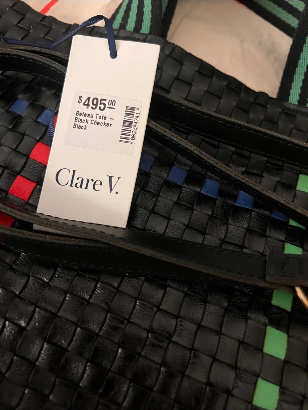 Clare V Black Woven Duffel with Green and Red Stripe Accents